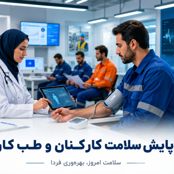 پایش سلامت کارکنان و طب کار:پزشک در حال معاینه کارمند با دستگاه دیجیتال پایش سلامت کارکنان و طب کار:پزشک در حال معاینه کارمند با دستگاه دیجیتال